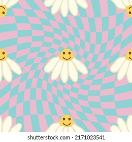 Retro Smile Chamomile Seamless Pattern on 1970 Wavy Swirl Seamless Pattern. Hippie Aesthetic. Floral wallpaper