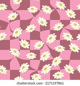 Retro Smile Chamomile Seamless Pattern on 1970 Wavy Swirl Seamless Pattern. Hippie Aesthetic. Floral wallpaper