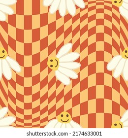 Retro Smile Chamomile Seamless Pattern on 1970 Wavy Swirl Seamless Pattern. Hippie Aesthetic. Floral wallpaper