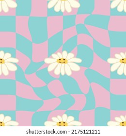 Retro Smile Chamomile Seamless Pattern on 1970 Wavy Swirl Seamless Pattern. Hippie Aesthetic. Floral wallpaper