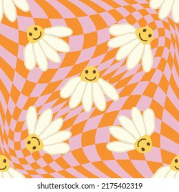 Retro Smile Chamomile Seamless Pattern on 1970 Wavy Swirl Seamless Pattern. Hippie Aesthetic. Floral wallpaper