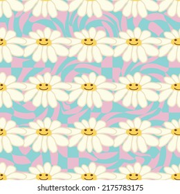 Retro Smile Chamomile Seamless Muster auf 1970 Wavy Swirl Seamless Muster. Hippie-Ästhetik. Blumenhintergrund
