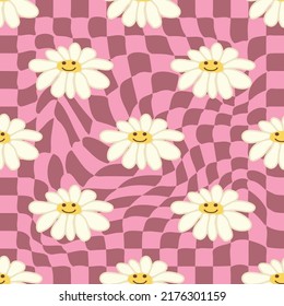 Retro Smile Chamomile Seamless Pattern on 1970 Wavy Swirl Seamless Pattern. Hippie Aesthetic. Floral wallpaper