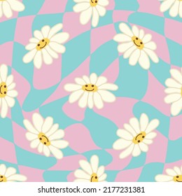 Retro Smile Chamomile Seamless Pattern on 1970 Wavy Swirl Seamless Pattern. Hippie Aesthetic. Floral wallpaper