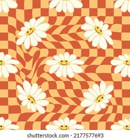 Retro Smile Chamomile Seamless Pattern on 1970 Wavy Swirl Seamless Pattern. Hippie Aesthetic. Floral wallpaper