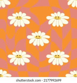 Patrón retro de sonrisa Chamomile sin problemas en 1970 Wavy Swirl sin problemas. Estética hippie. Papel tapiz floral