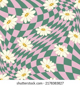 Retro Smile Chamomile Seamless Pattern on 1970 Wavy Swirl Seamless Pattern. Hippie Aesthetic. Floral wallpaper
