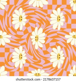 Retro Smile Chamomile Seamless Muster auf 1970 Wavy Swirl Seamless Muster. Hippie-Ästhetik. Blumenhintergrund