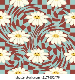 Retro Smile Chamomile Seamless Pattern on 1970 Wavy Swirl Seamless Pattern. Hippie Aesthetic. Floral wallpaper