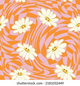 Patrón retro de sonrisa Chamomile sin problemas en 1970 Wavy Swirl sin problemas. Estética hippie. Papel tapiz floral