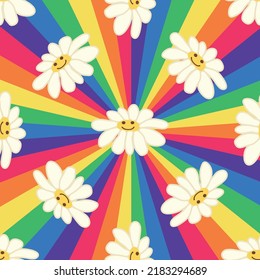 Retro Smile Chamomile Seamless Pattern on 1970 Wavy Swirl Seamless Pattern. Hippie Aesthetic. Floral wallpaper