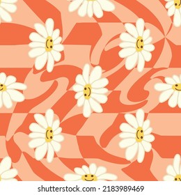 Retro Smile Chamomile Seamless Pattern on 1970 Wavy Swirl Seamless Pattern. Hippie Aesthetic. Floral wallpaper