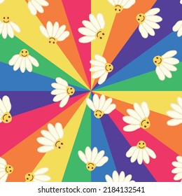 Retro Smile Chamomile Seamless Pattern on 1970 Wavy Swirl Seamless Pattern. Hippie Aesthetic. Floral wallpaper