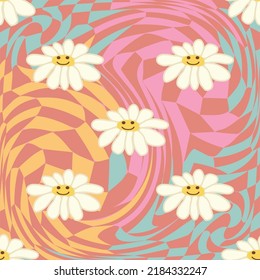 Retro Smile Chamomile Seamless Pattern on 1970 Wavy Swirl Seamless Pattern. Hippie Aesthetic. Floral wallpaper