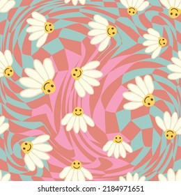 Retro Smile Chamomile Seamless Pattern on 1970 Wavy Swirl Seamless Pattern. Hippie Aesthetic. Floral wallpaper