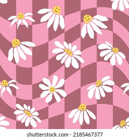 Retro Smile Chamomile Seamless Pattern on 1970 Wavy Swirl Pattern. Hippie Aesthetic