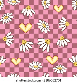 Retro Smile Chamomile Seamless Pattern on 1970 Wavy Swirl Pattern. Hippie Aesthetic