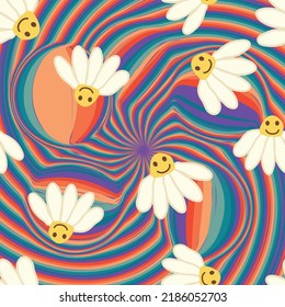 Retro Smile Chamomile Seamless Pattern on 1970 Wavy Swirl Seamless Pattern. Hippie Aesthetic. Floral wallpaper