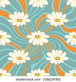Retro Smile Chamomile Seamless Pattern on 1970 Wavy Swirl Seamless Pattern. Hippie Aesthetic. Floral wallpaper