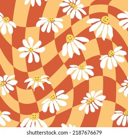 Retro Smile Chamomile Seamless Pattern on 1970 Wavy Swirl Pattern. Hippie Aesthetic