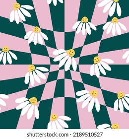Retro Smile Chamomile Seamless Pattern on 1970 Wavy Swirl Pattern. Hippie Aesthetic