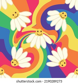 Retro Smile Chamomile Seamless Pattern on 1970 Wavy Swirl Seamless Pattern. Hippie Aesthetic. Floral wallpaper