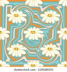 Retro Smile Chamomile Seamless Pattern on 1970 Wavy Swirl Seamless Pattern. Hippie Aesthetic. Floral wallpaper