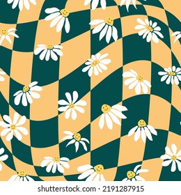 Retro Smile Chamomile Seamless Pattern on 1970 Wavy Swirl Pattern. Hippie Aesthetic