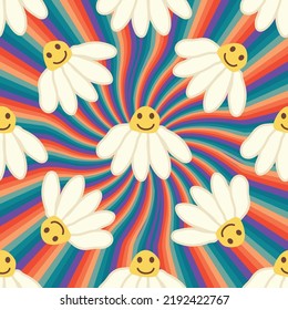 Retro Smile Chamomile Seamless Pattern on 1970 Wavy Swirl Seamless Pattern. Hippie Aesthetic. Floral wallpaper