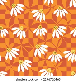 Retro Smile Chamomile Seamless Pattern on 1970 Wavy Swirl Pattern. Hippie Aesthetic