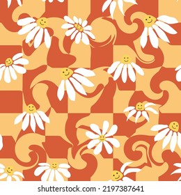 Retro Smile Chamomile Seamless Pattern on 1970 Wavy Swirl Pattern. Hippie Aesthetic