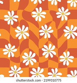 Retro Smile Chamomile Seamless Pattern on 1970 Wavy Swirl Pattern. Hippie Aesthetic