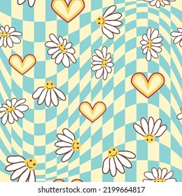 Retro Smile Chamomile Seamless Pattern on 1970 Wavy Swirl Pattern. Hippie Aesthetic