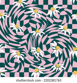 Retro Smile Chamomile Seamless Pattern on 1970 Wavy Swirl Pattern. Hippie Aesthetic