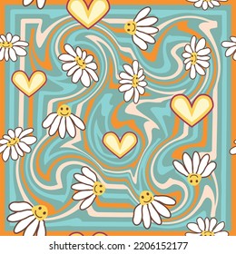 Retro Smile Chamomile Seamless Pattern on 1970 Wavy Swirl Pattern. Hippie Aesthetic