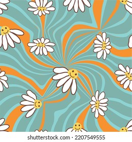 Retro Smile Chamomile Seamless Pattern on 1970 Wavy Swirl Pattern. Hippie Aesthetic