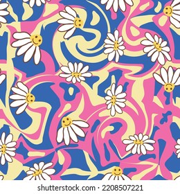 Retro Smile Chamomile Seamless Pattern on 1970 Wavy Swirl Pattern. Hippie Aesthetic
