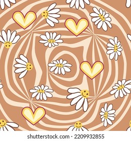 Retro Smile Chamomile Seamless Pattern on 1970 Wavy Swirl Pattern. Hippie Aesthetic