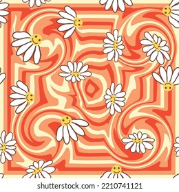 Retro Smile Chamomile Seamless Pattern on 1970 Wavy Swirl Pattern. Hippie Aesthetic