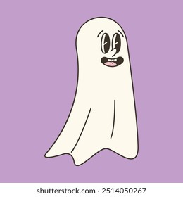 Retro smile ghost on purple background. Vector illustration for Halloween designs, fun decorations, and festive invitations