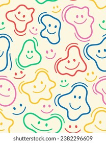 Retro smile seamless pattern. Repeating design element for printing on fabric. Positivity and optimism. Abstract creativity and art. Template and layout. Cartoon flat vector illustration