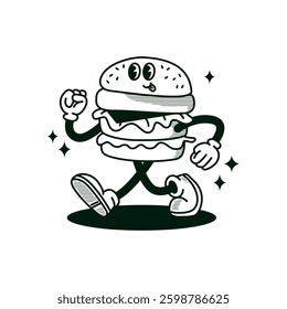 Retro Smiling Burger Guy Cartoon Style. Vector Illustration of Cartoon Happy Concept. Street Food.