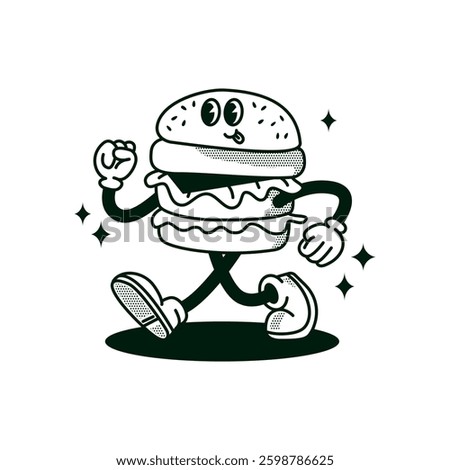 Retro Smiling Burger Guy Cartoon Style. Vector Illustration of Cartoon Happy Concept. Street Food.