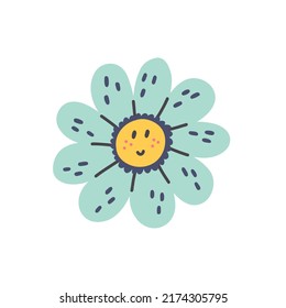 Retro smiling character face blue flower. Hippie floral. Happy nature clipart. Children design isolated element vector doodle naive art illustration