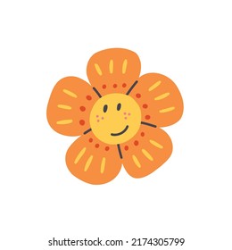 Retro smiling character face orange flower. Hippie floral. Happy nature clipart. Children design isolated element vector doodle naive art illustration