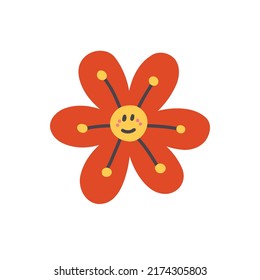 Retro smiling character face red flower doodle. Hippie floral. Happy nature clipart. Children design isolated element vector doodle naive art illustration