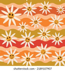 Retro Smiling daisy flowers on retro 70s waves seamless pattern. For textile, home décor and wrapping paper