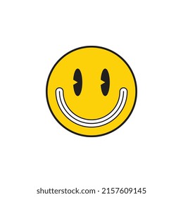 Retro smiling face in yellow circle on a white background. Vintage pop culture symbols for posters and t-shirt prints. Groovy vector editable illustration  EPS 10