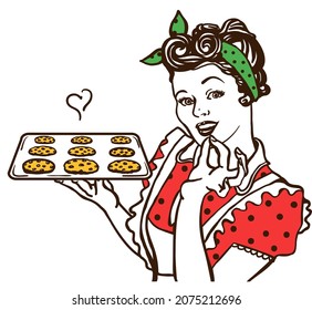 Retro smiling housewife cooking chocolate chip cookies in hands. Pin up vector color graphic illustration woman in the kitchen isolated on white