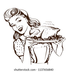 Retro smiling housewife cooks roasted turkey in the kitchen.Vector graphic illustration isolated on white